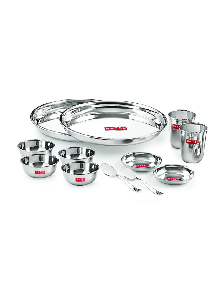 HAZEL Stainless Steel Dinner Set Of 12 | Dinner Set Steel (2 Steel Plate, 2 Steel Glass, 4 Bowl, 2 Dessert Plate, 2 Spoon) 12 Pieces, Silver