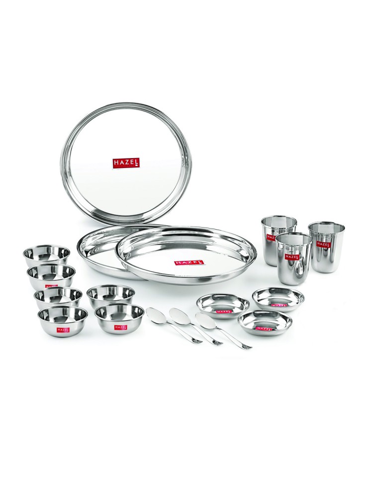 HAZEL Stainless Steel Dinner Set Of 18 | Dinner Set Steel (3 Steel Plate, 3 Steel Glass, 6 Bowl, 3 Dessert Plate, 3 Spoon) 18 Pieces, Silver