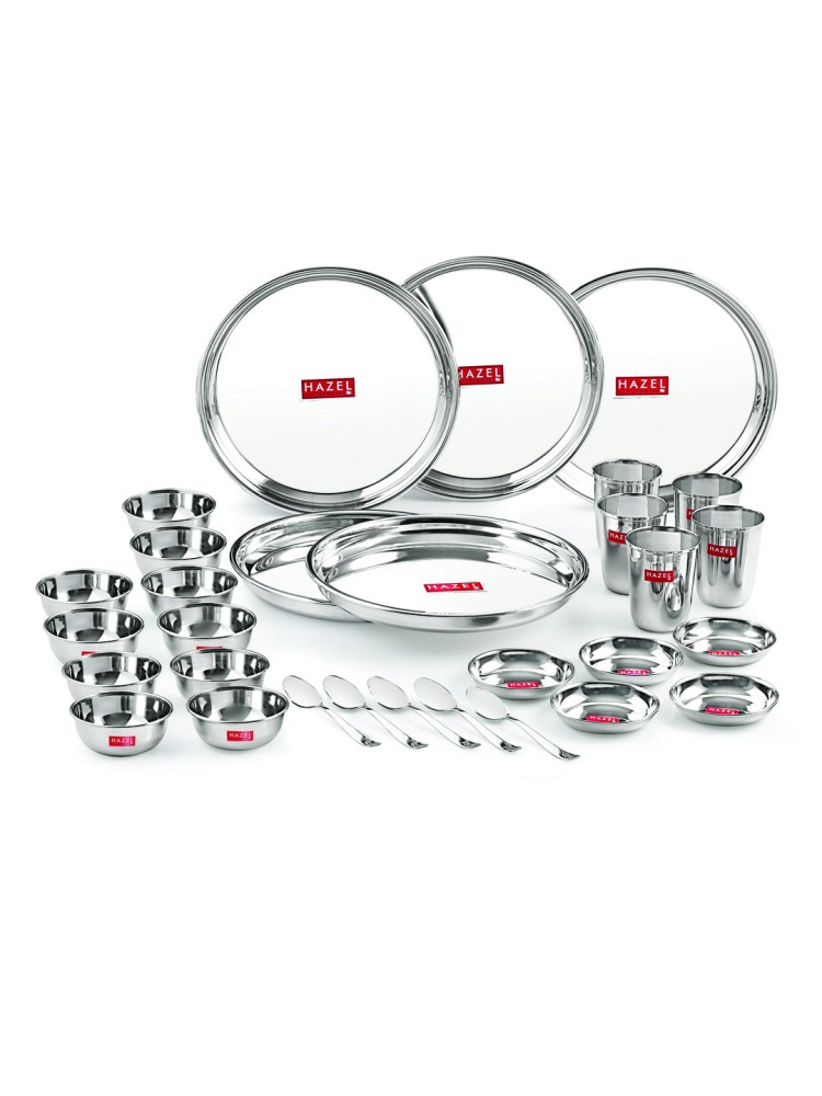 HAZEL Stainless Steel Dinner Set Of 30 | Dinner Set Steel (5 Steel Plate, 5 Steel Glass, 10 Serving Bowl, 5 Dessert Plate, 5 Spoon Set) 30 Pieces, Silver