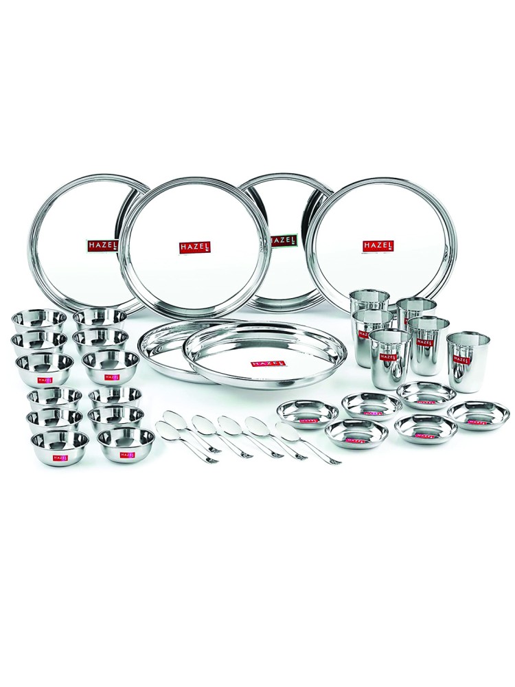HAZEL Stainless Steel Dinner Set Of 36 | Dinner Set Steel (6 Steel Plate, 6 Steel Glass, 12 Serving Bowl, 6 Dessert Plate, 6 Spoon Set) 36 Pieces, Silver