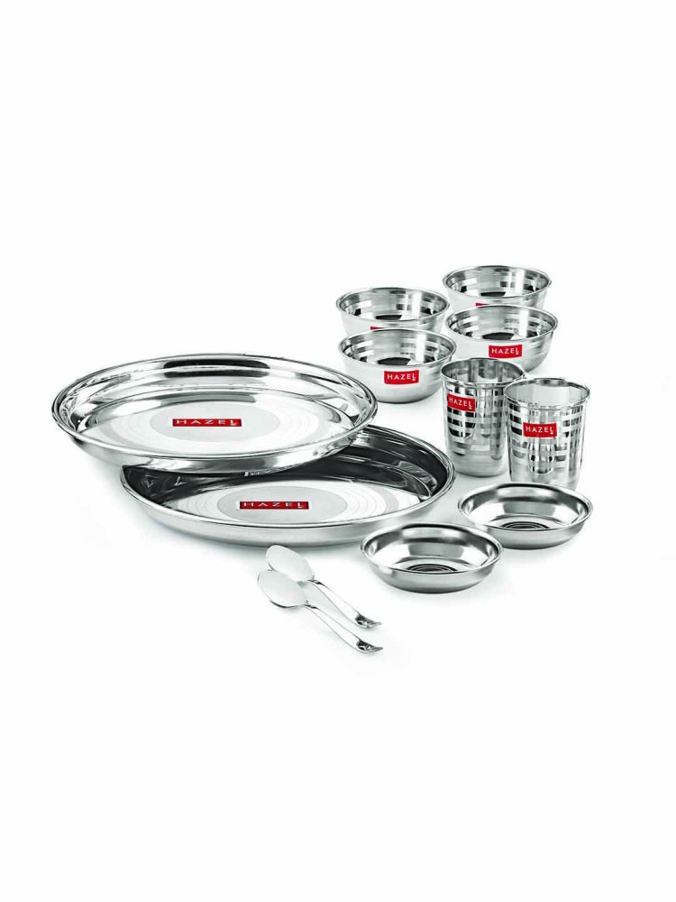 HAZEL Stainless Steel Dinner Set Of 12 | Dinner Set Steel (2 Steel Plate, 4 Bowl, 2 Spoon, 2 Dessert Plate, 2 Steel Glass) 12 Pieces, Silver