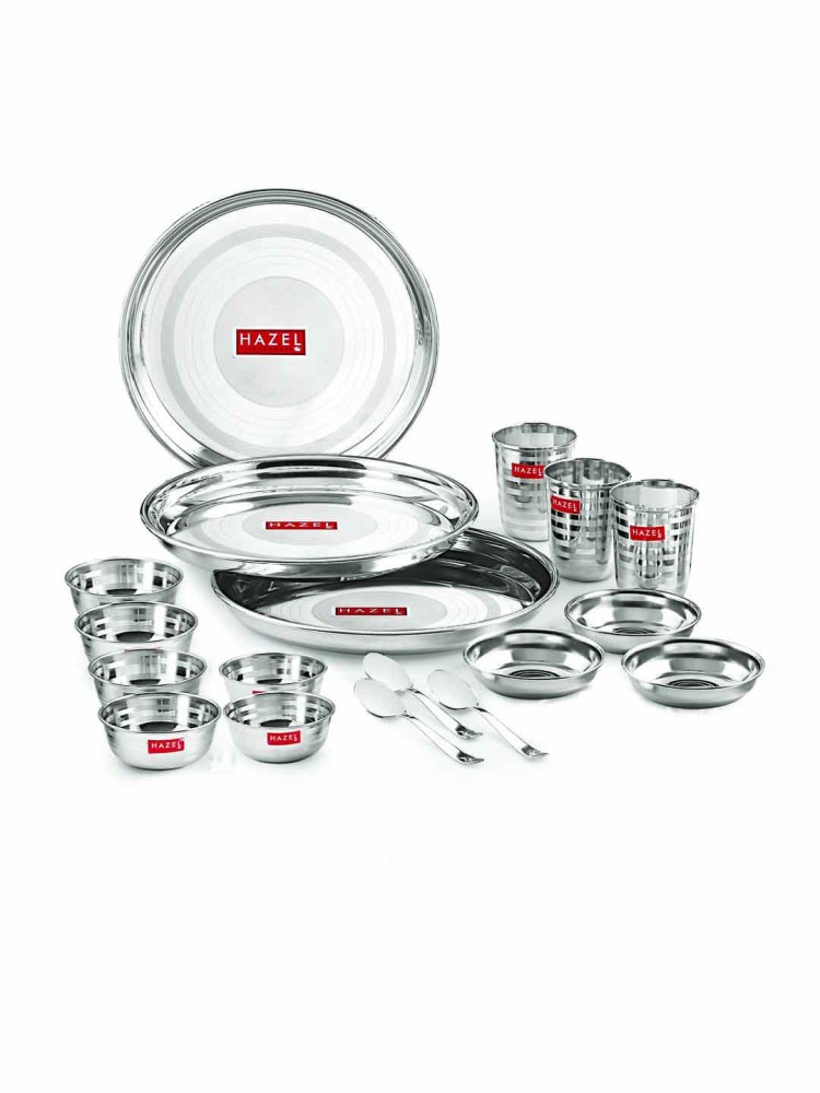 HAZEL Stainless Steel Dinner Set Of 18 | Dinner Set Steel (3 Steel Plate, 6 Bowl, 3 Spoon Set, 3 Dessert Plate, 3 Steel Glass) 18 Pieces, Silver