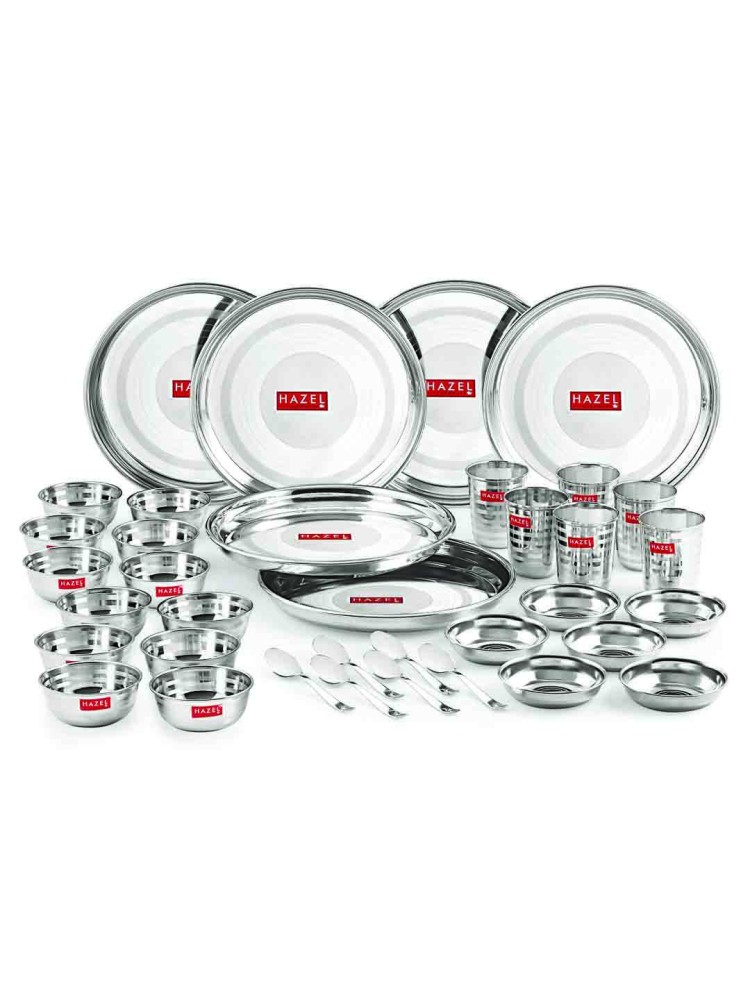 HAZEL Stainless Steel Dinner Set Of 36 | Dinner Set Steel (6 Steel Plate, 12 Serving Bowl, 6 Spoon Set, 6 Dessert Plate, 6 Steel Glass) 36 Pieces, Silver