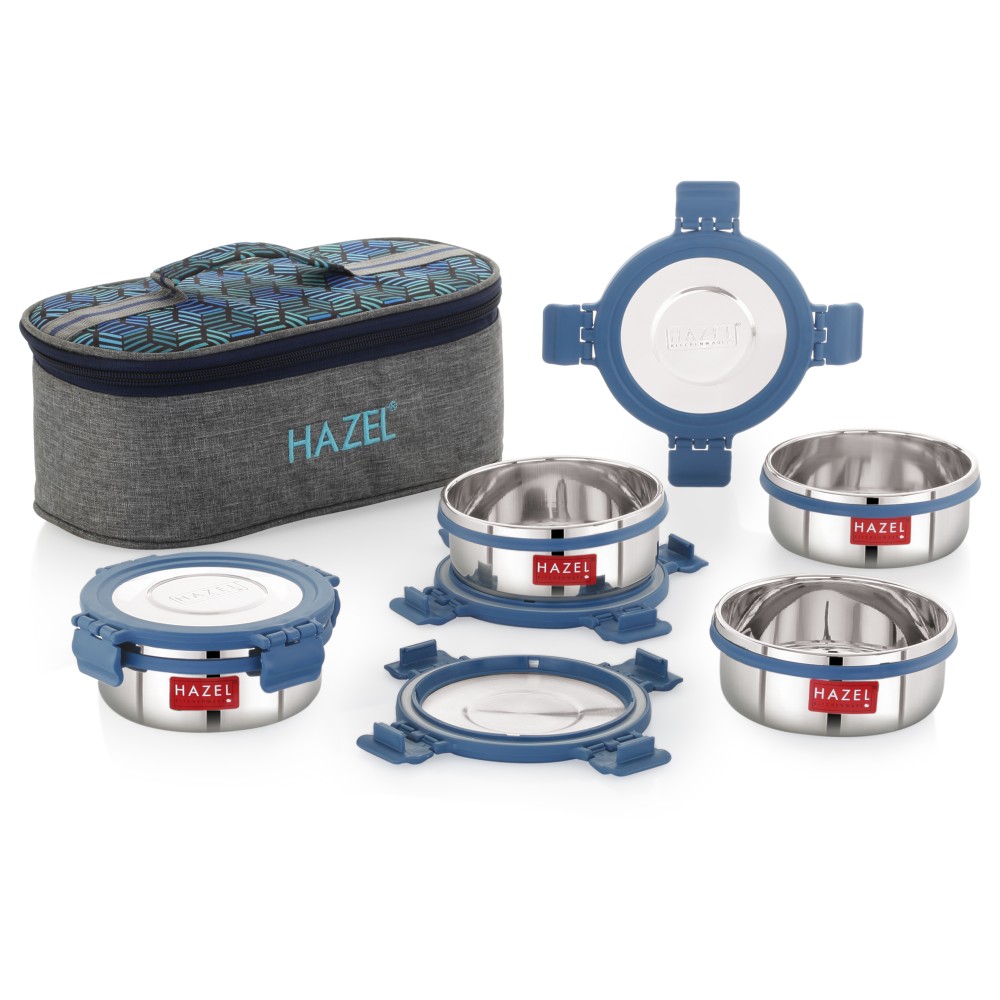 HAZEL Hercules Stainless Steel Lunch Box Set with Flat Bag | 4 Round Containers | Ideal for Office, School & College