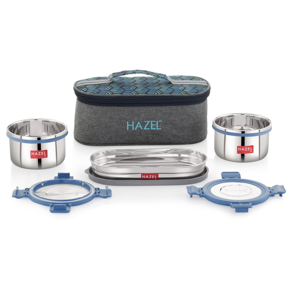 HAZEL Hercules Stainless Steel Lunch Box Set with Roti Dabba & Flat Bag | 3-Piece Leak-Proof Container Set