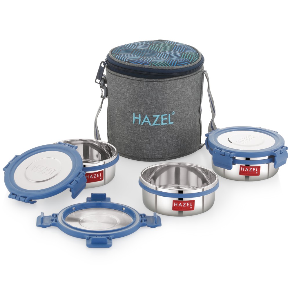 HAZEL Hercules Stainless Steel Lunch Box with Verticle Bag | Set of 3, Round | Tiffin Box for Office, School & College