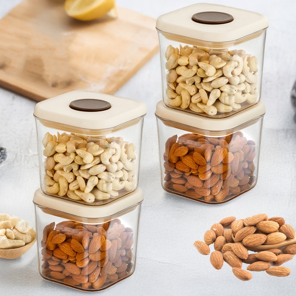 HAZEL Airtight Food Storage Containers with One-Touch Pop-Up Lid | Leakproof, Stackable Jar, 600 ML, Cream, Set of 4