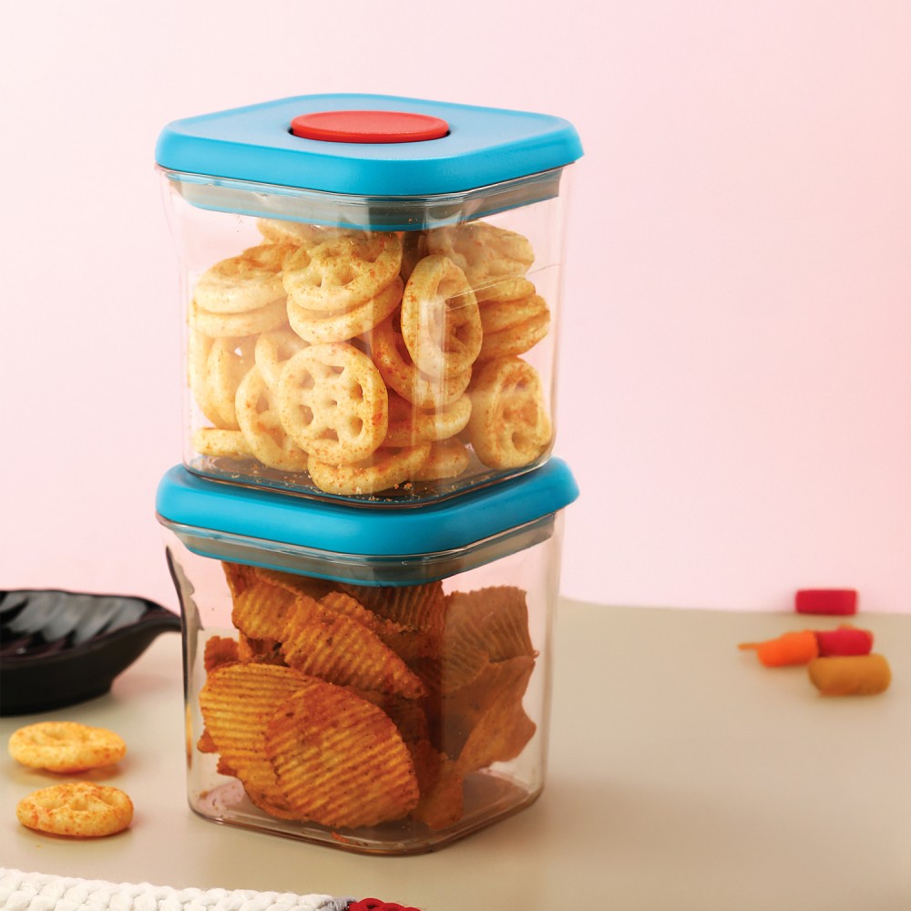 HAZEL Airtight Food Storage Containers with One-Touch Pop-Up Lid | Leakproof, Stackable Jar, 600 ML, Blue, Set of 2