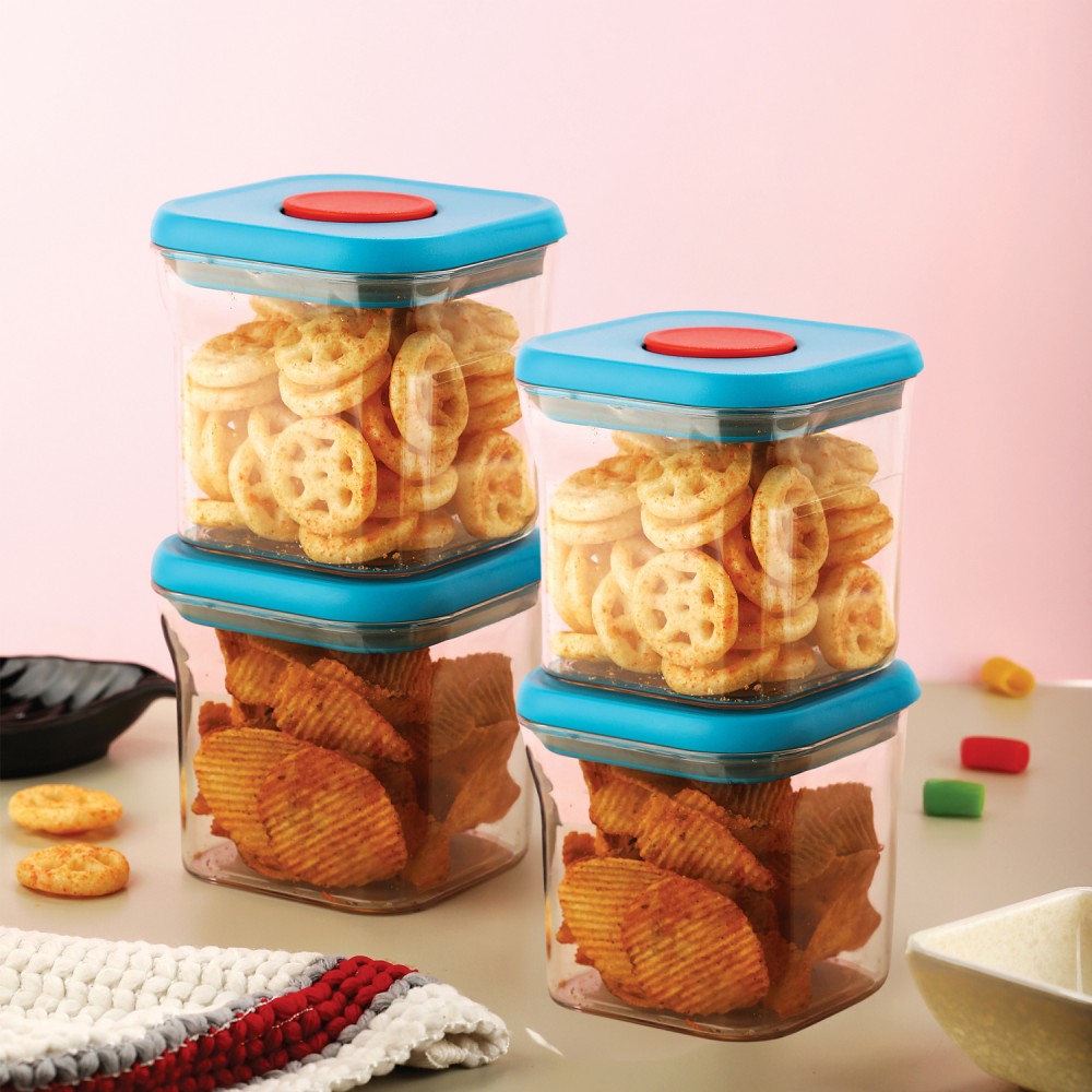 HAZEL Airtight Food Storage Containers with One-Touch Pop-Up Lid | Leakproof, Stackable Jar, 600 ML, Blue, Set of 4