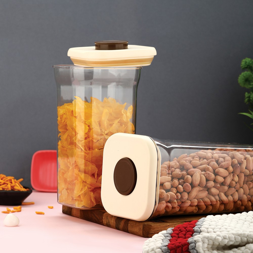 HAZEL Airtight Storage Containers with One-Touch Lid | Stackable Jars for Snacks, Pasta, Dal, 1300 ML, Cream, Set of 2