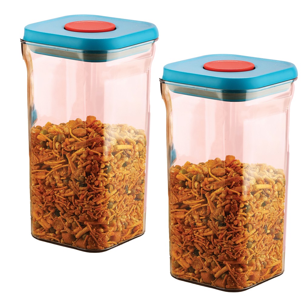 HAZEL Airtight Storage Containers with One-Touch Lid | Stackable Jars for Snacks, Pasta, Dal, 1300 ML, Blue, Set of 2