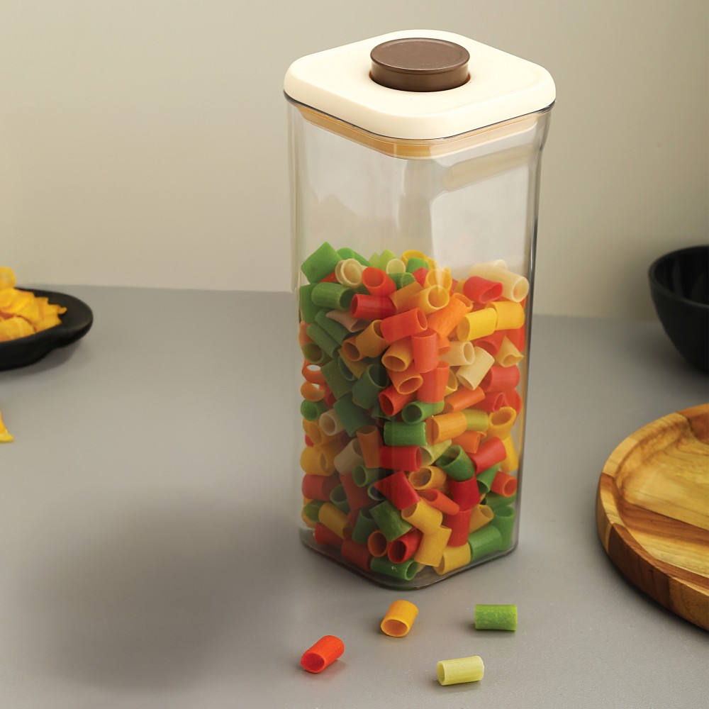 HAZEL Airtight Food Storage Container | Plastic Kitchen Jar for Pulses, Grains, Cereal, Snacks, 1600 ML, Cream