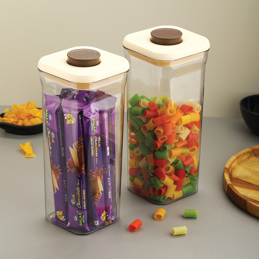 HAZEL Airtight Food Storage Container | Plastic Kitchen Jar for Pulses, Grains, Cereal, Snacks, 1600 ML, Cream, Set of 2