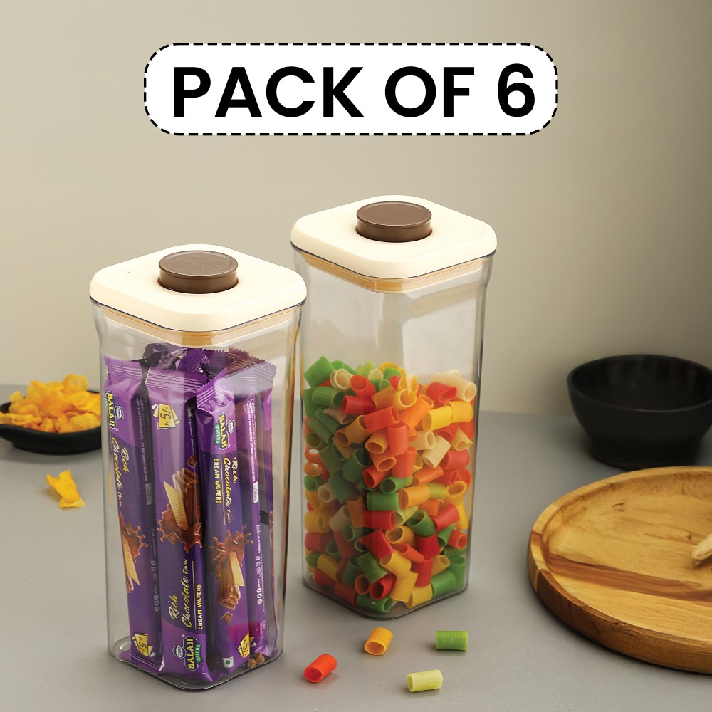HAZEL Airtight Food Storage Container | Plastic Kitchen Jar for Pulses, Grains, Cereal, Snacks, 1600 ML, Cream, Set of 6