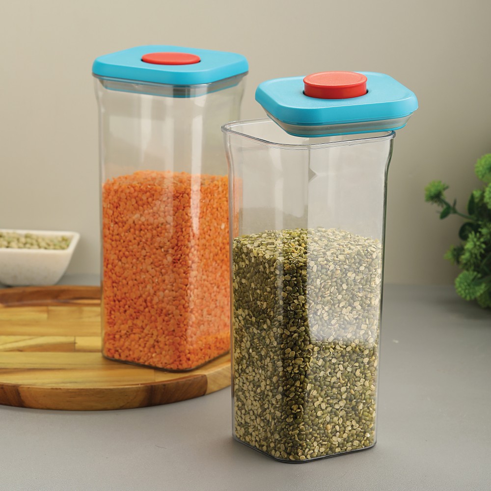 HAZEL Airtight Food Storage Container | Plastic Kitchen Jar for Pulses, Grains, Cereal, Snacks, 1500 ML, Blue, Set of 2