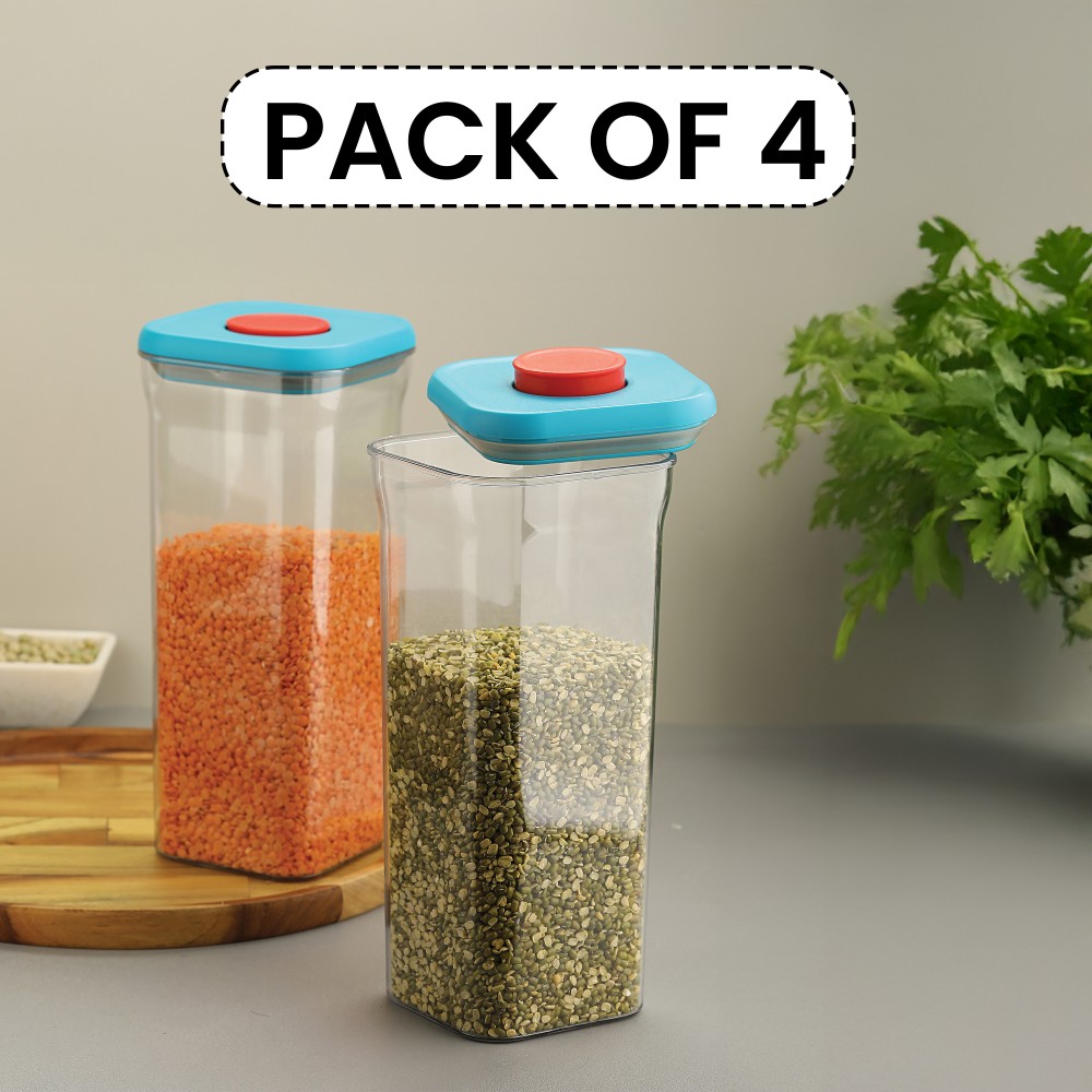 HAZEL Airtight Food Storage Container | Plastic Kitchen Jar for Pulses, Grains, Cereal, Snacks, 1500 ML, Blue, Set of 4