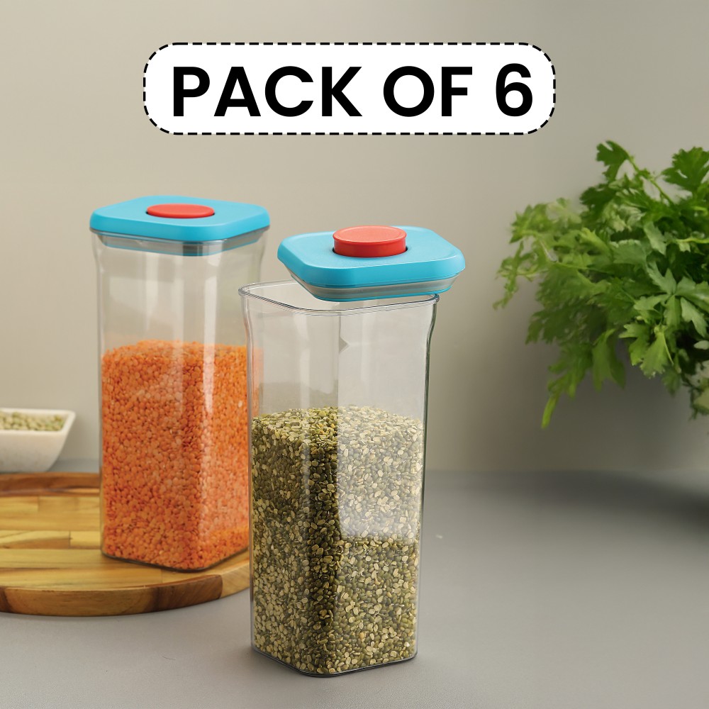 HAZEL Airtight Food Storage Container | Plastic Kitchen Jar for Pulses, Grains, Cereal, Snacks, 1500 ML, Blue, Set of 6