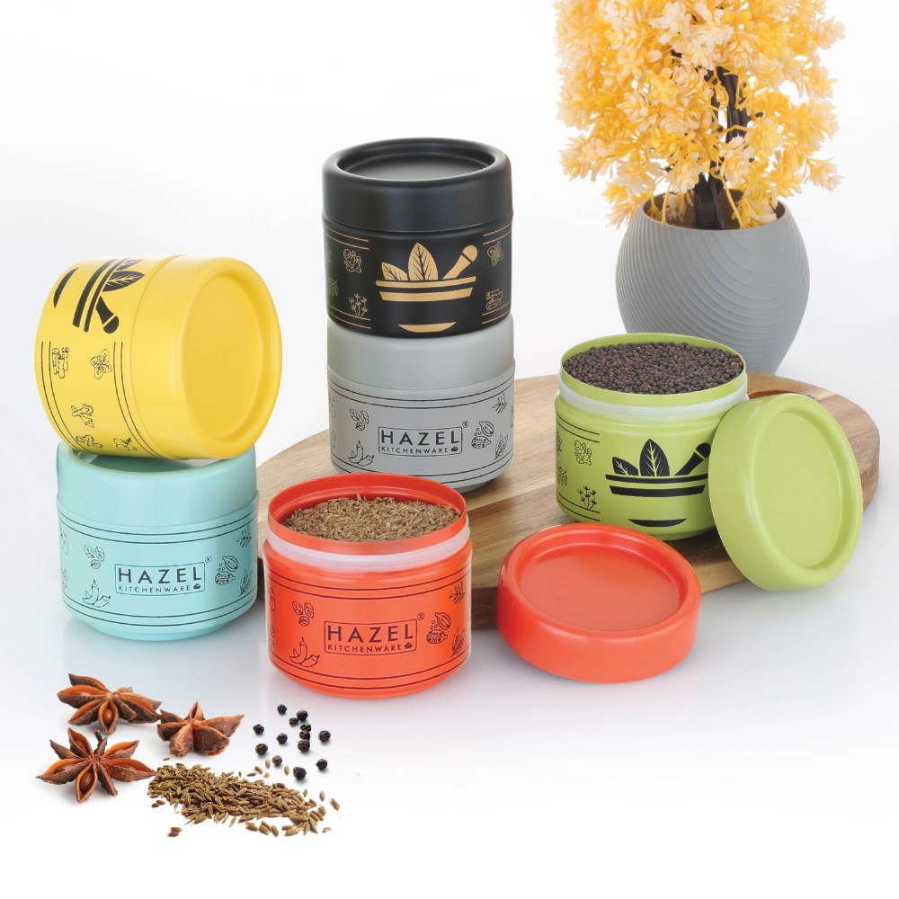 HAZEL GI Masala Container with Spoon | Spice Box for Kitchen | Airtight & Traditional Design, 6 Containers with 6 Spoons