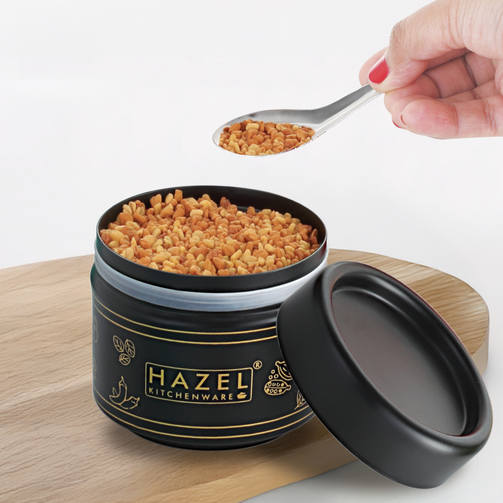 HAZEL Masala Container Set with Spoon | Airtight GI Steel Spice Box for Kitchen Storage,Black