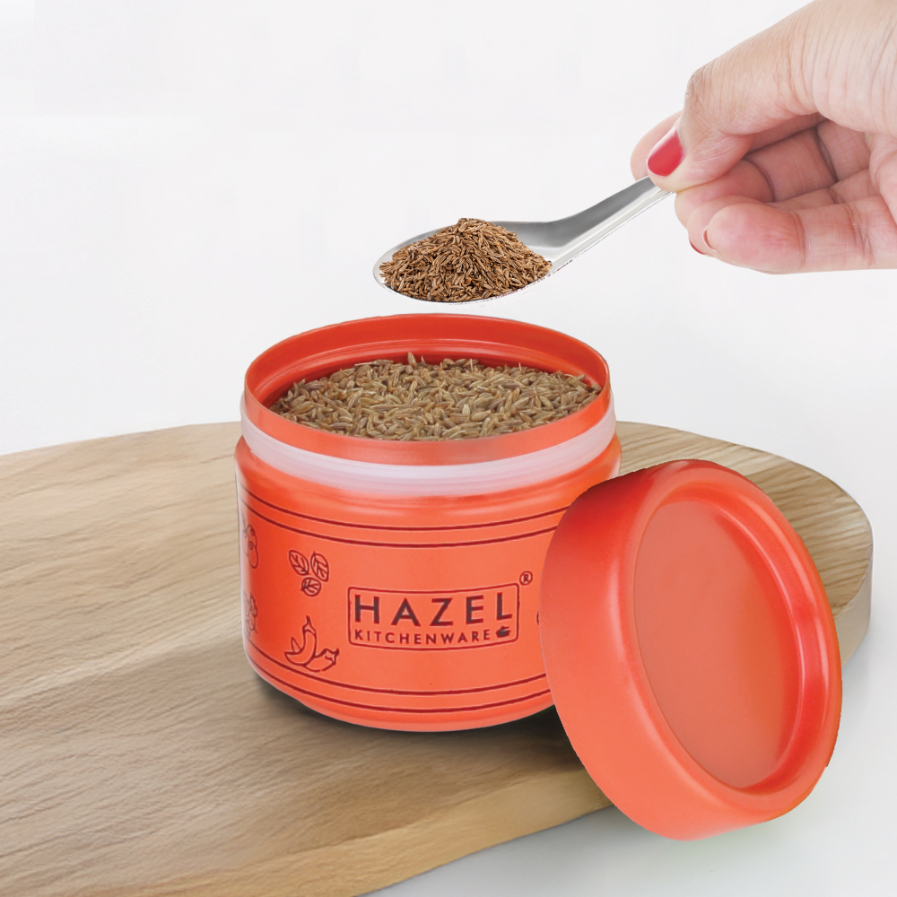 HAZEL Masala Container Set with Spoon | Airtight GI Steel Spice Box for Kitchen Storage, Orange