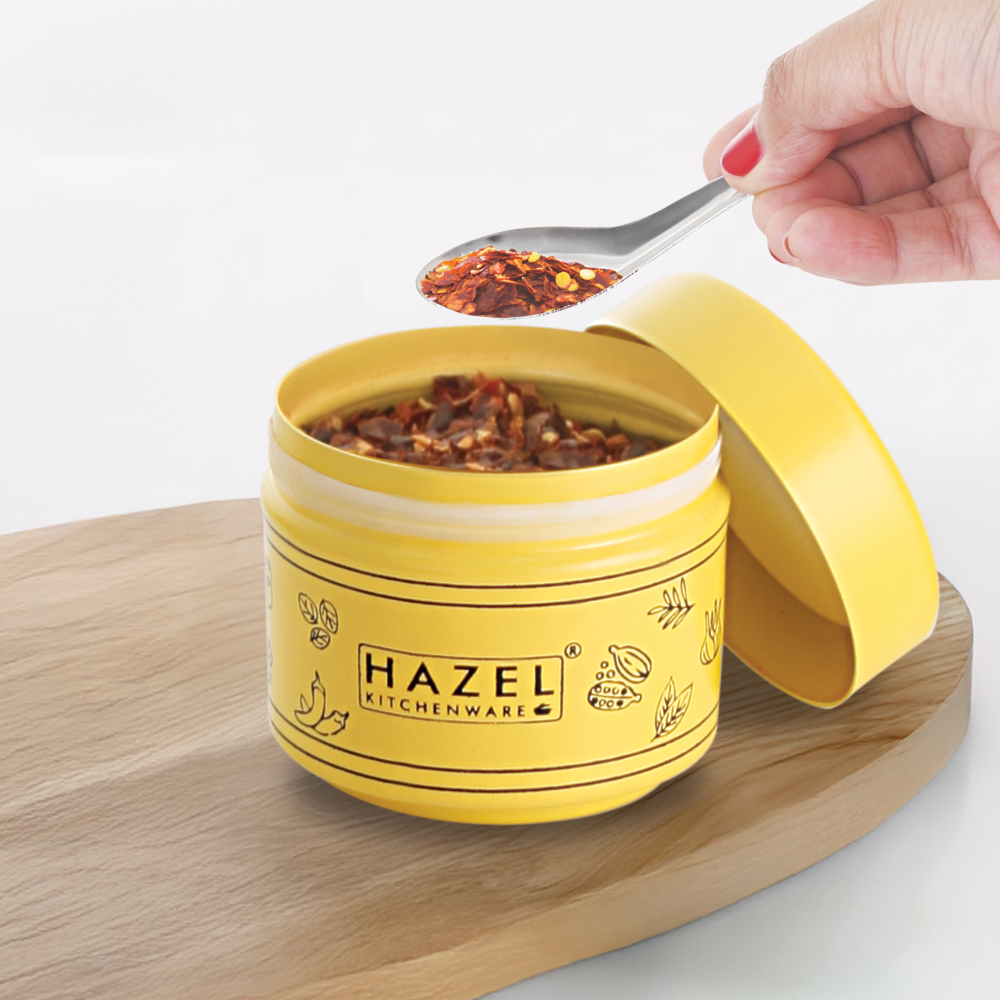 HAZEL Masala Container Set with Spoon | Airtight GI Steel Spice Box for Kitchen Storage, Yellow