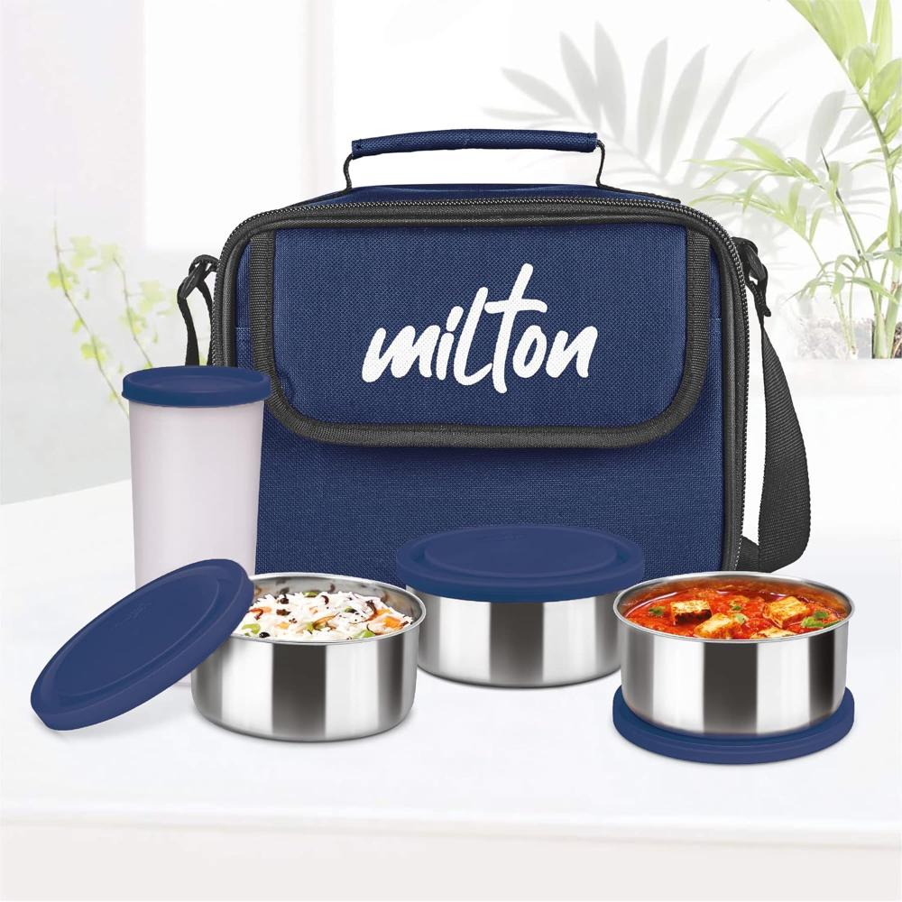 MILTON New Steel Combi Lunch Box with Insulated Fabric Jacket, 3 Stainless Steel Containers 280 ml Each & 1 Plastic Tumbler with lid 400 ml, Leak-Proof Tiffin for Office, College, Picnic, Blue