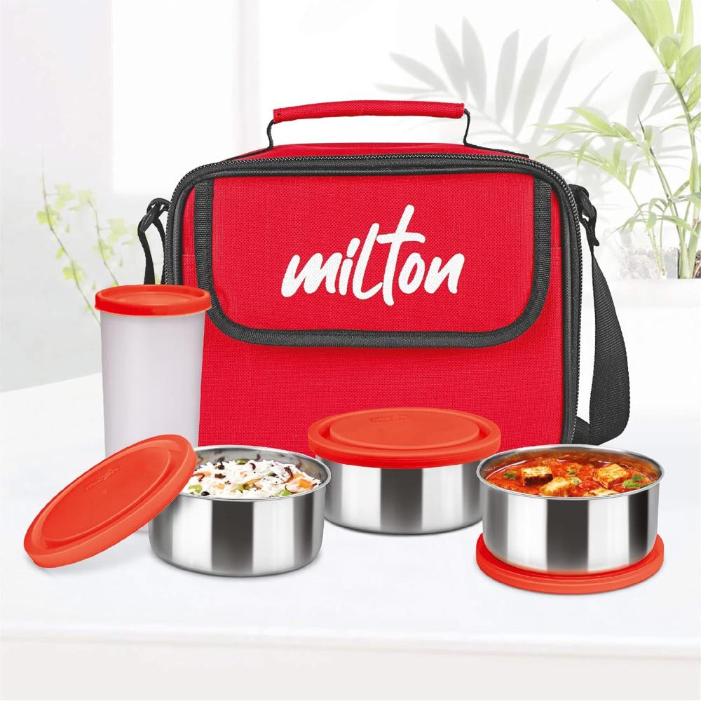 MILTON New Steel Combi Lunch Box with Insulated Fabric Jacket, 3 Stainless Steel Containers 280 ml Each & 1 Plastic Tumbler with lid 400 ml, Leak-Proof Tiffin for Office, College, Picnic, Red
