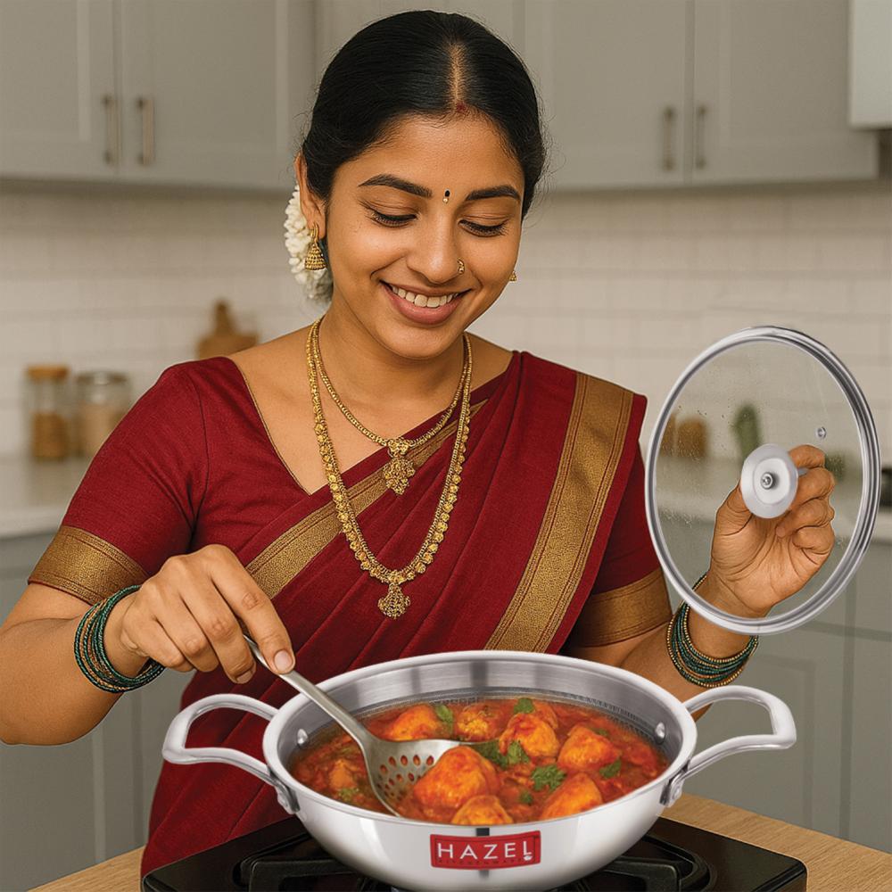 HAZEL 22cm Honeycomb Triply Stainless Steel Kadhai (2L) with Glass Lid - Non-Stick, Induction & Gas Safe.