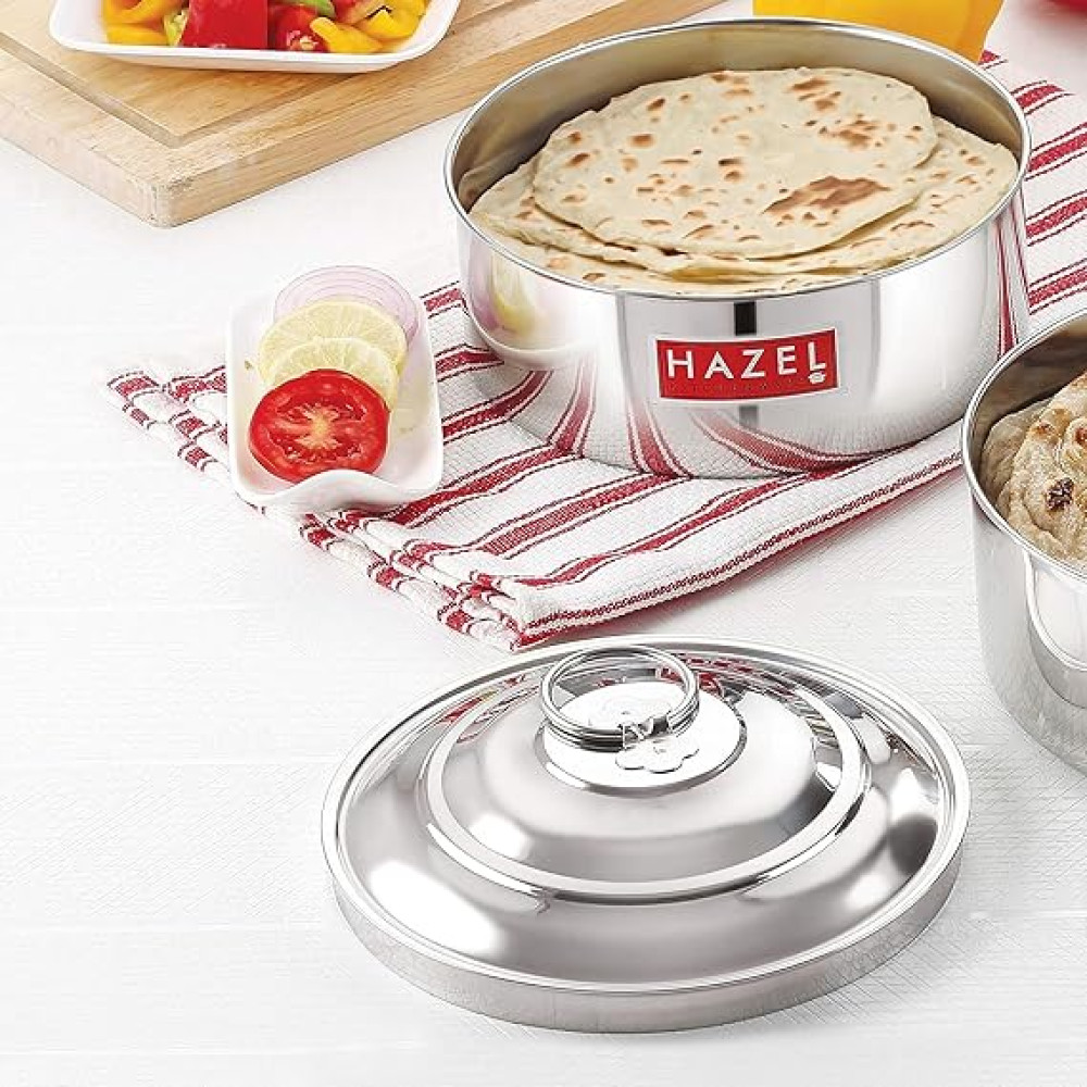 HAZEL Stainless Steel Serving Casserole Flat Bottom Roti Chapati Dabba, 18.8 cm, 1550 ML, Silver