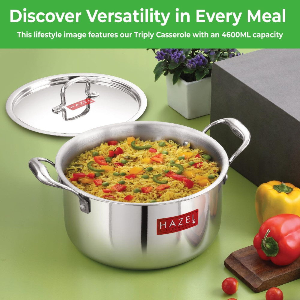 HAZEL Triply Stainless Steel Induction Bottom Cook and Serve Casserole With Stainless Steel Lid, 4.2 Litre, 22.5 cm