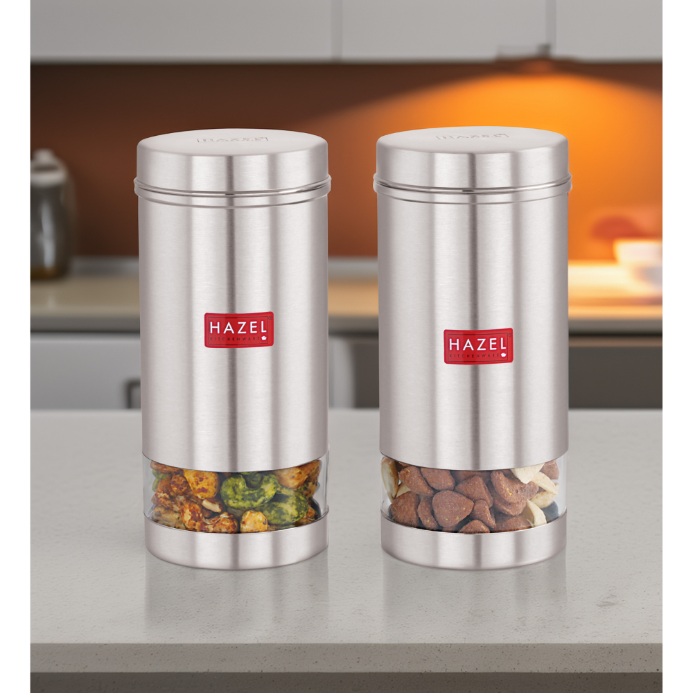 HAZEL Stainless Steel Transparent See Through Container, Silver,Set of 2, 1 Ltr