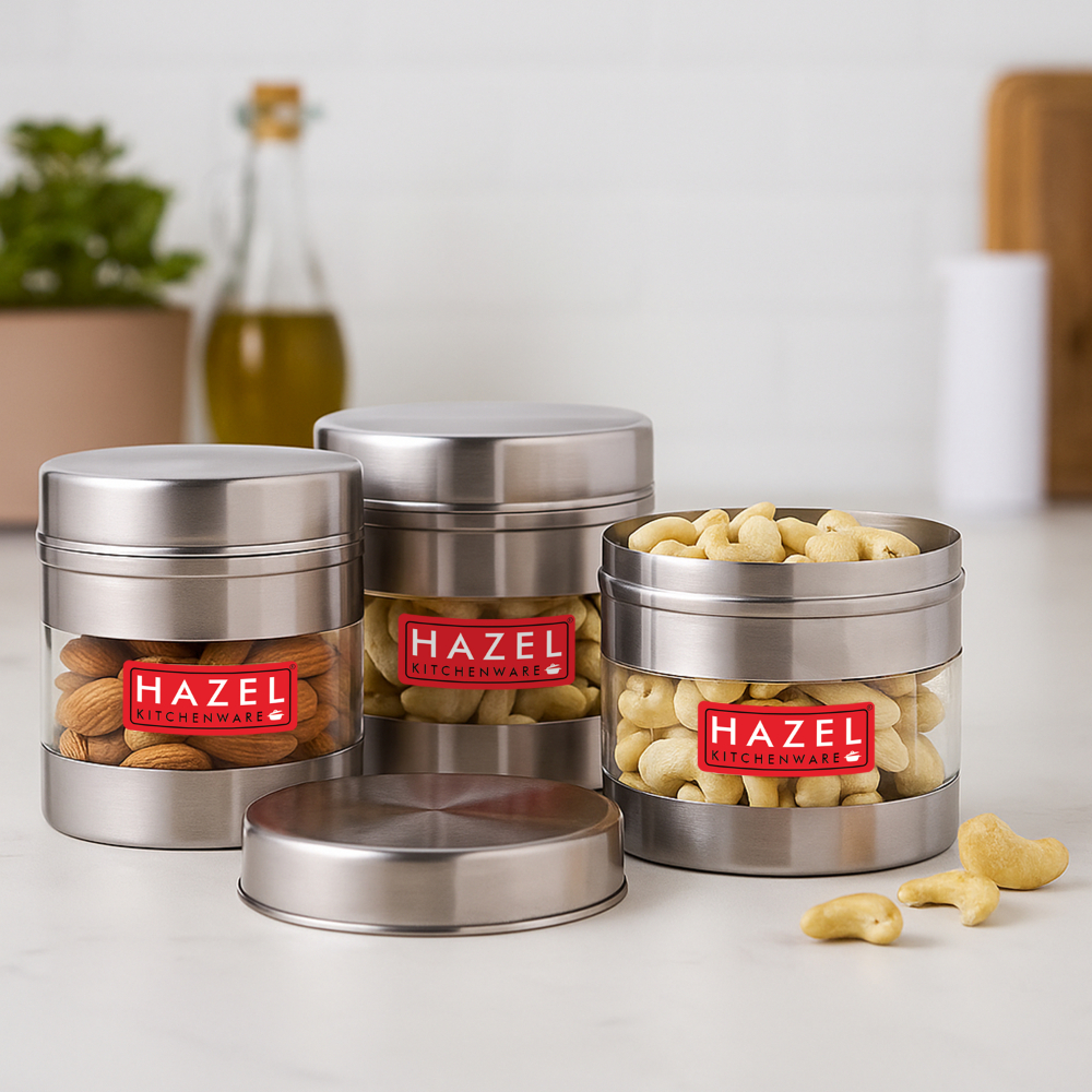 HAZEL Stainless Steel Transparent Wide Mouth See Through Container, Silver, Set of 3, 500 Ml
