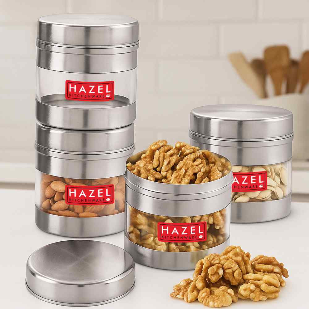 HAZEL Stainless Steel Transparent Wide Mouth See Through Container, Silver, Set of 4, 500 Ml