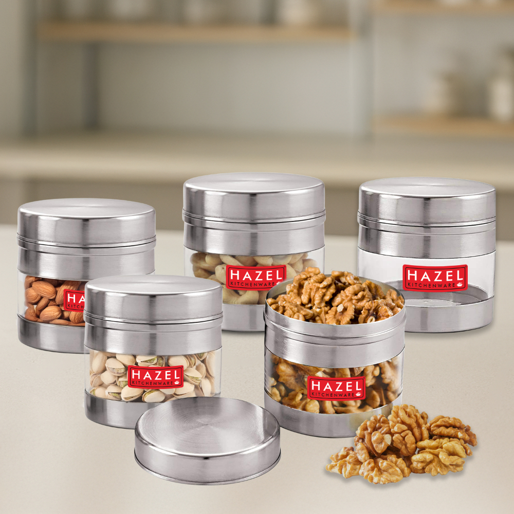 HAZEL Stainless Steel Transparent Wide Mouth See Through Container, Silver, Set of 5, 500 Ml