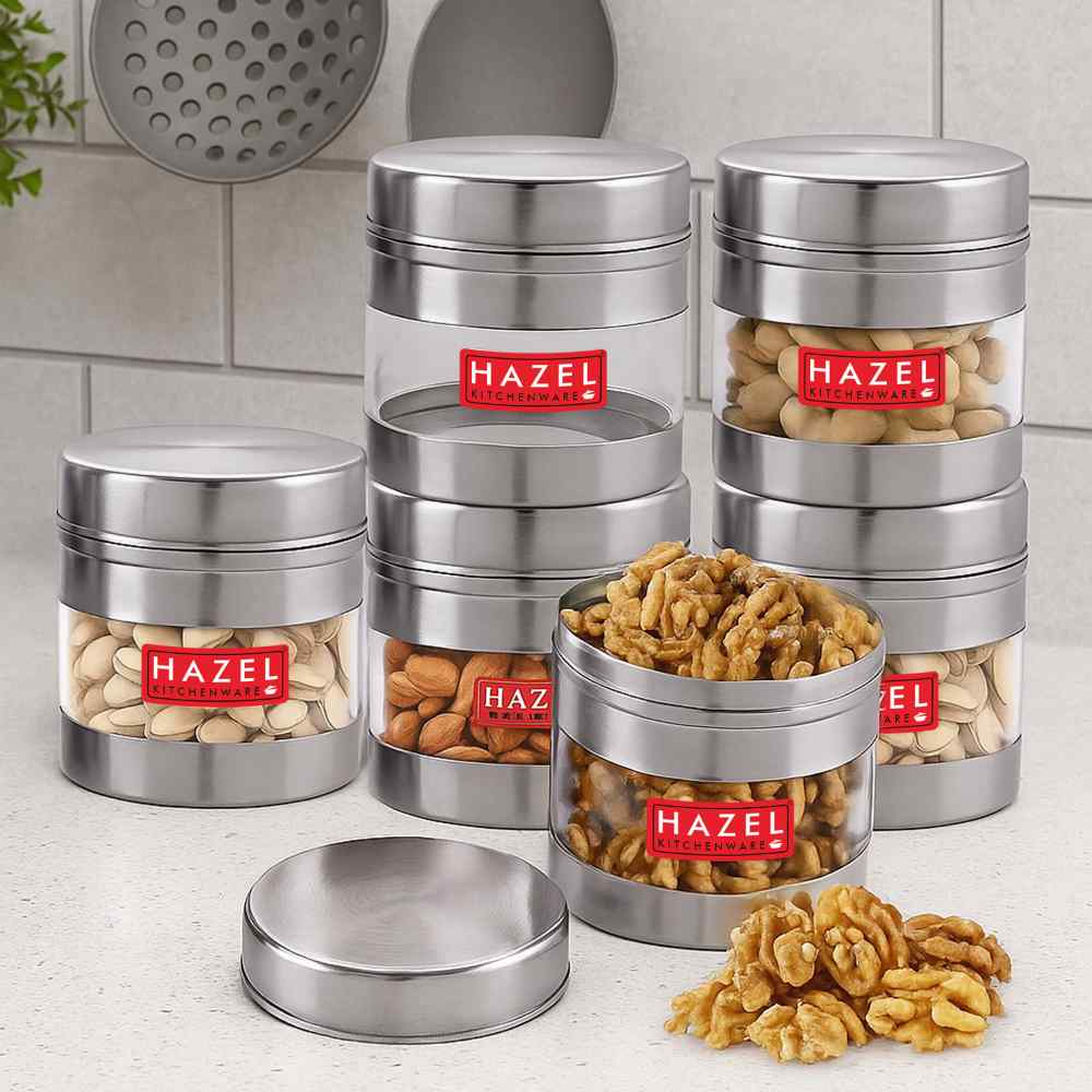 HAZEL Stainless Steel Transparent Wide Mouth See Through Container, Silver, Set of 6, 500 Ml