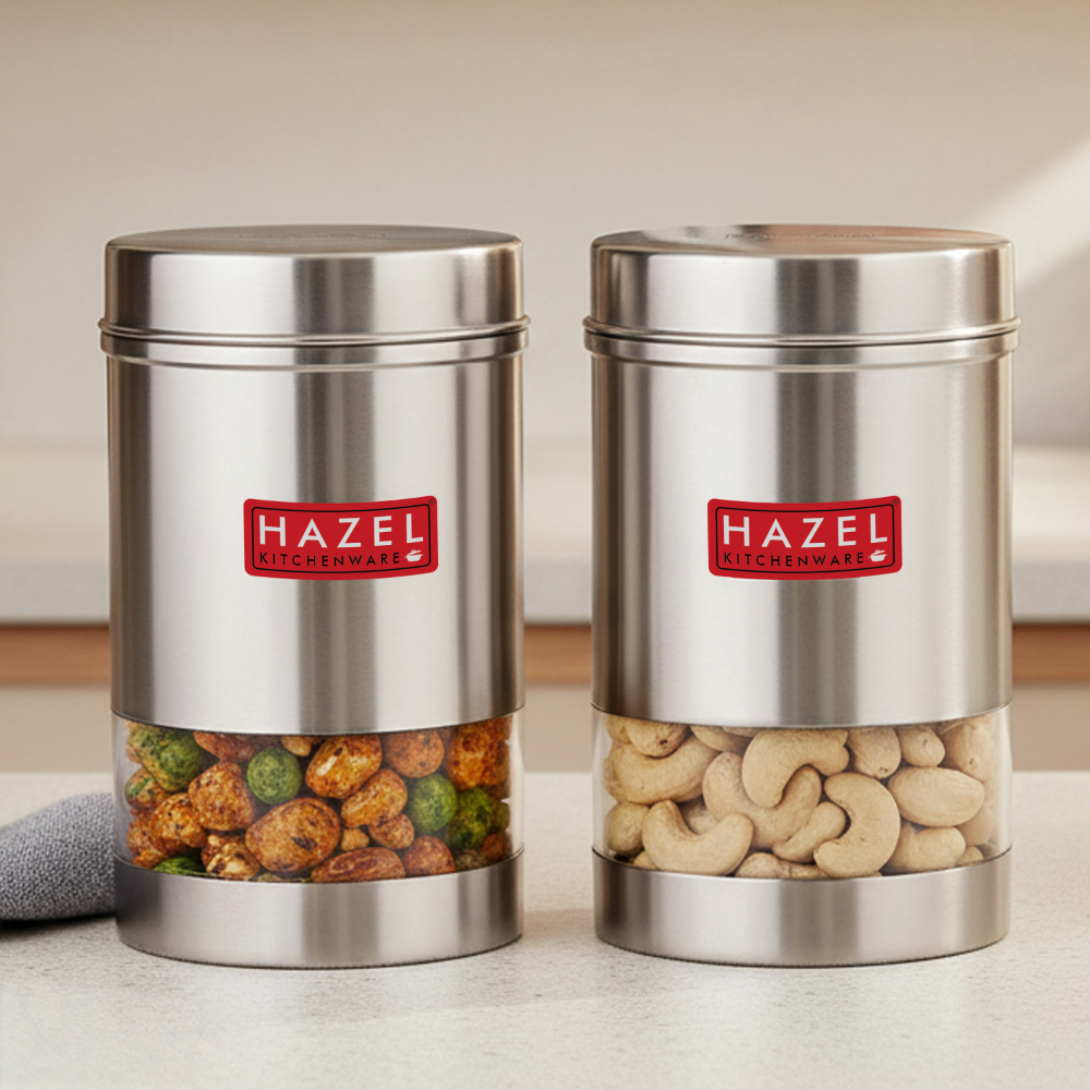 HAZEL Stainless Steel Kitchen Container | Transparent Kitchen Container Set with Matt Finish | Multipurpose Container for Kitchen Storage | Set of 2, 1700 ml Each