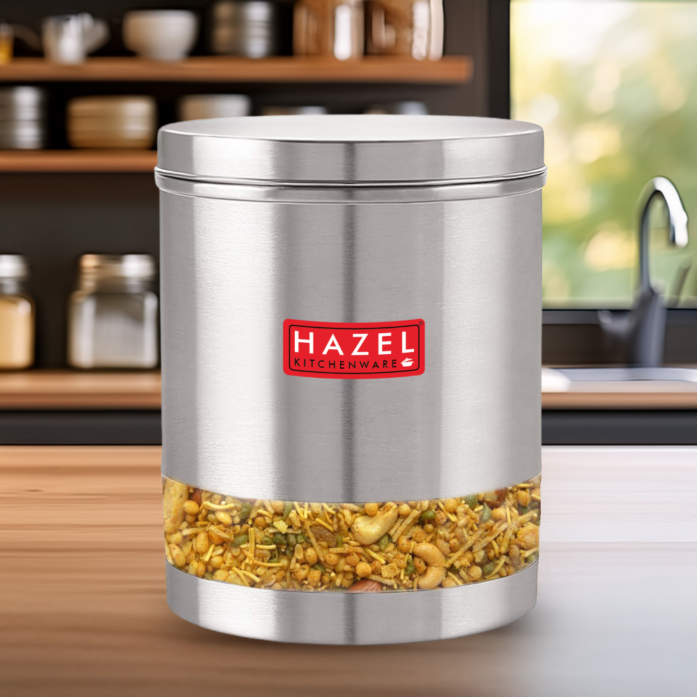 HAZEL Stainless Steel Transparent Wide Mouth See Through Container, Silver, 1 PC, 1350 Ml