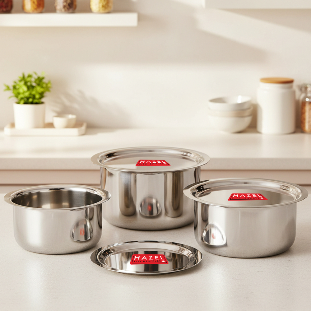 HAZEL Stainless Steel Tope with Premium Heavy Gauge Round | Bhagona for boiling set of 3