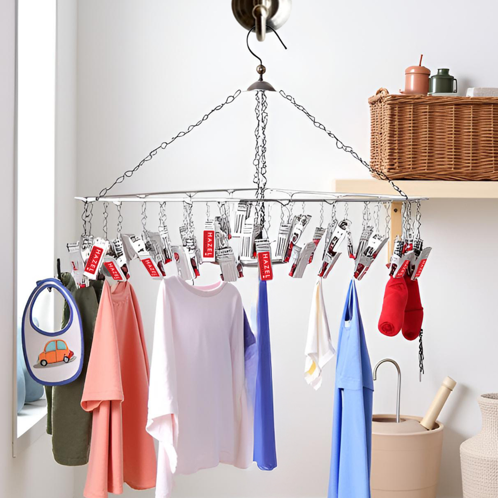 HAZEL Stainless Steel Square Hanger, 25 Clips with Plastic Grip, Silver