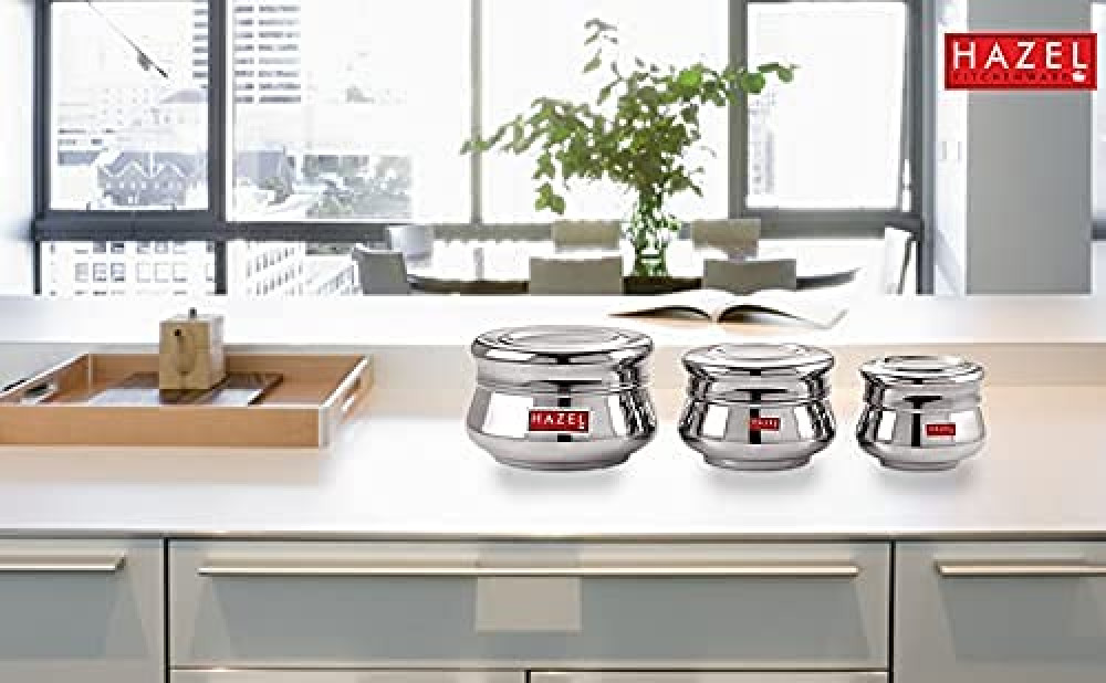 HAZEL Stainless Steel Unique Design Mataka Shape Container Set of 3 Pc, 950 to 2550 ml, Silver