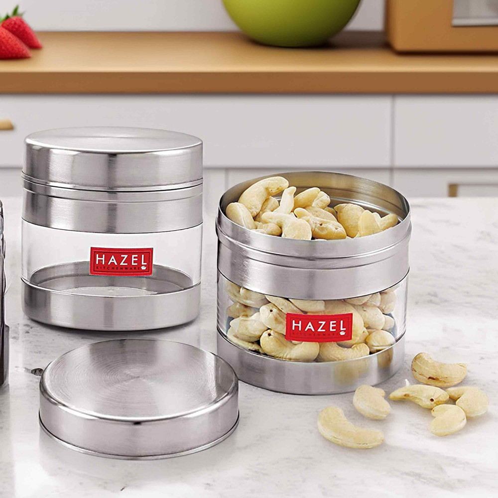 HAZEL Stainless Steel Transparent See Through Container Set of 2, Silver, 350 ML Each