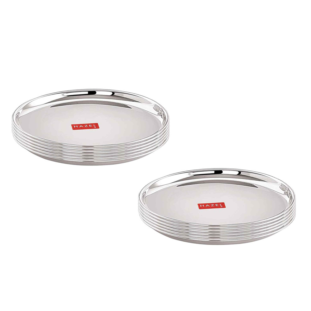 HAZEL Stainless Steel Thali Plates With Mirror Finish | Serveware Tableware Snacks Plates Set for Kitchen Storage Friendly | Steel Kids plate with Glossy finish | Serving Plate Set of 12, 18.5 cm