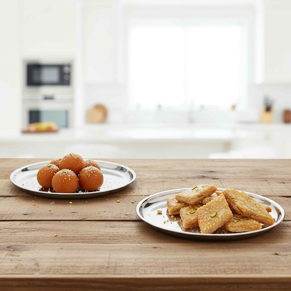 HAZEL Stainless Steel Serving Plate with Glossy Finish | Thali plates For Kitchen | Serveware Snacks Plates for Kids | Breakfast Plates Set of 2, 21 cm