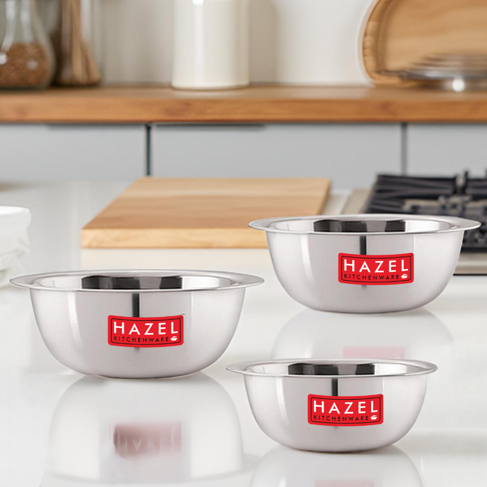 HAZEL Stainless Steel Mixing Bowl |  Mixing Bowl for Cake Batter | Kitchen and Baking Accessories Items, Set of 3, 350 ML, 550 ML, 770 ML