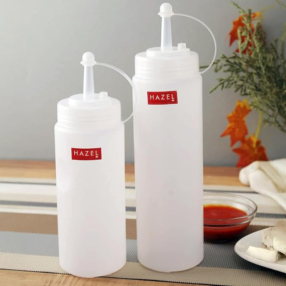 HAZEL Squeeze Bottle With Cap |Sauce Bottle Plastic Food Grade | Tomato Sauce Bottle For Restaurants, Cafeterias, Food Trucks, Picnics, Set of 2, 500 ML, 720 ML, Transparent