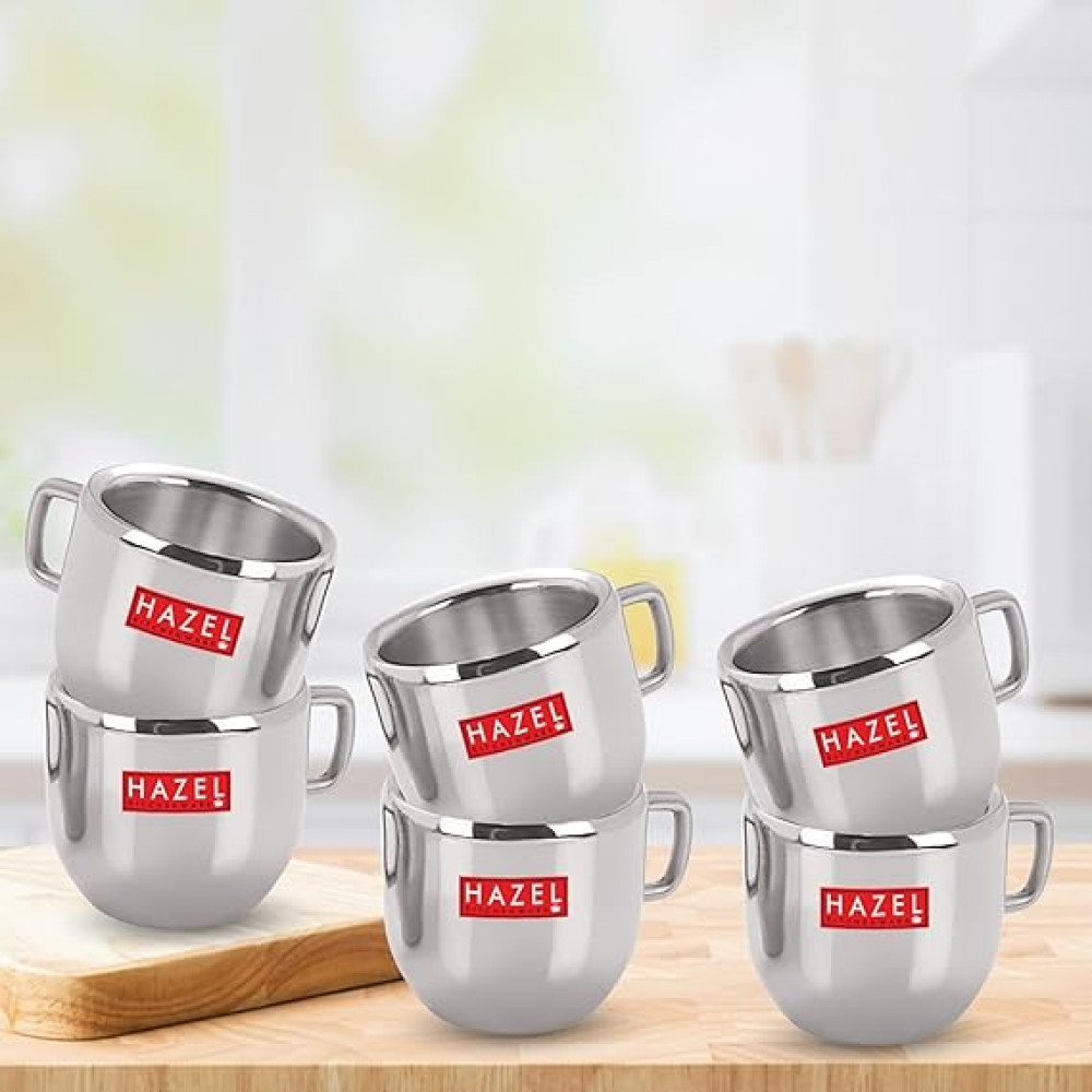 HAZEL Stainless Steel Green Tea Coffee Small Cute Cup, Set of 6, 100 ml (Each)