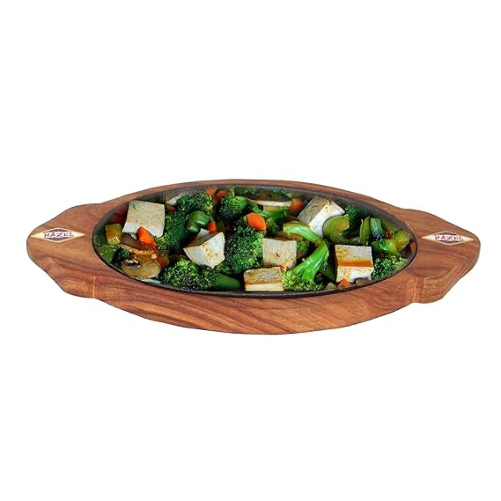 HAZEL Sizzler Plate with Wodden Base Oval Medium