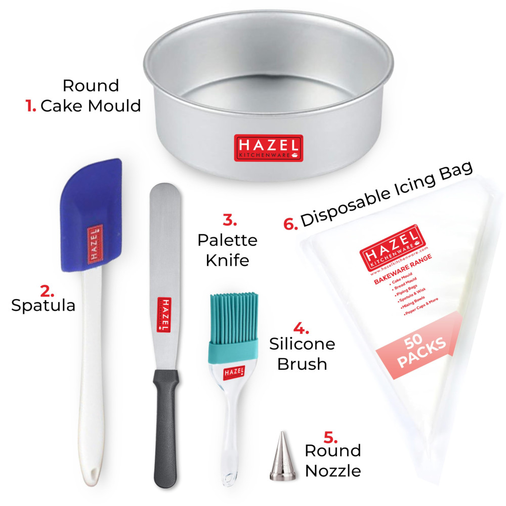 HAZEL 6-Piece DIY Bakeware Combo Set (Cake Mould, 50 Piping Bags, Nozzle, Statula, Silicon Brush, Pallet Knife)