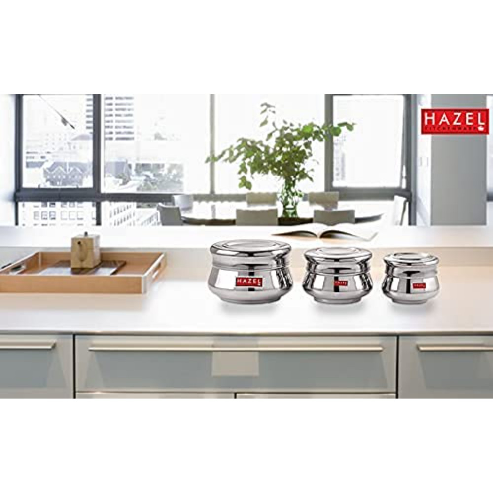 HAZEL Stainless Steel Unique Design Mataka Shape Container Set of 3 Pc, 950 to 2550 ml, Silver