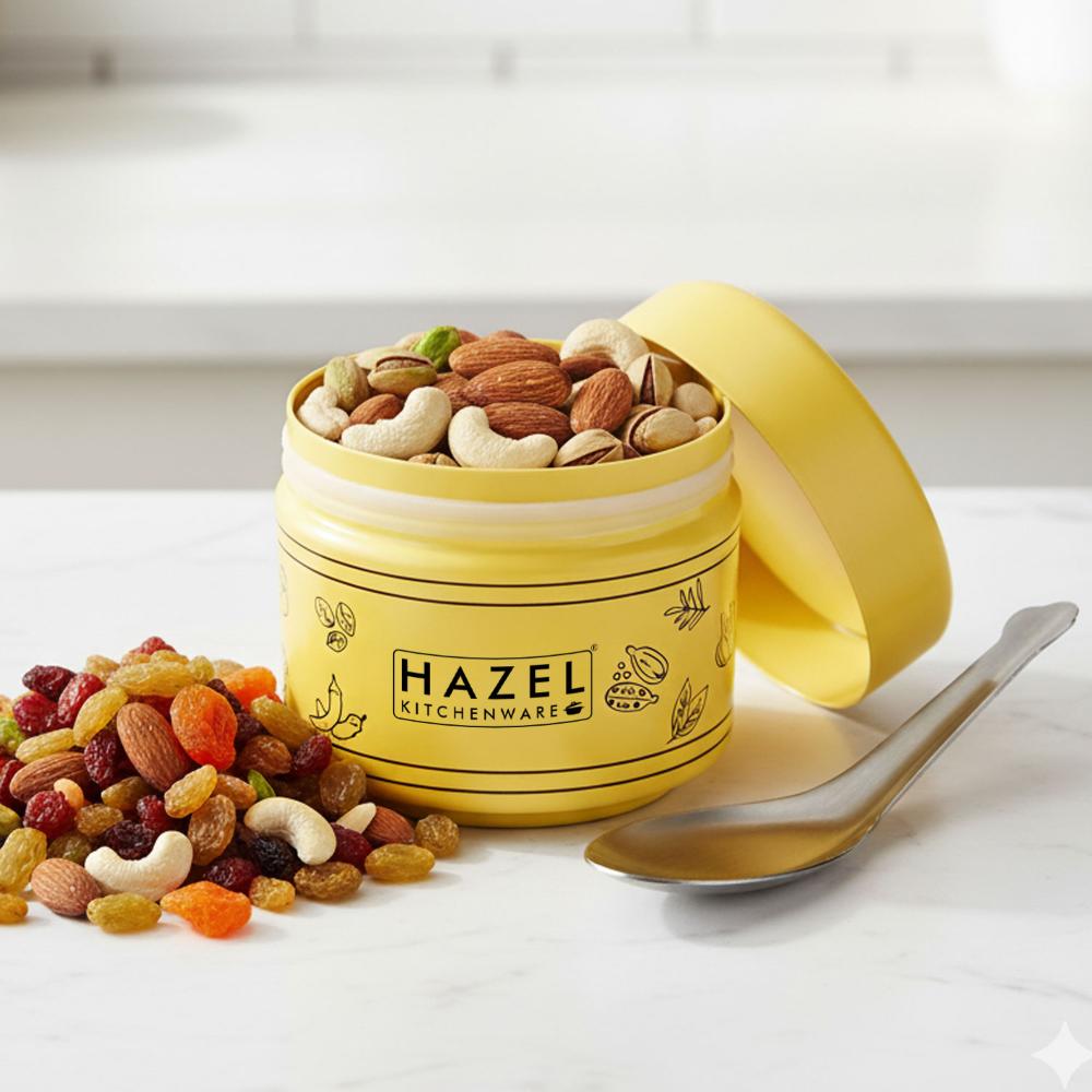 HAZEL Masala Container Set with Spoon | Airtight GI Steel Spice Box for Kitchen Storage, Yellow